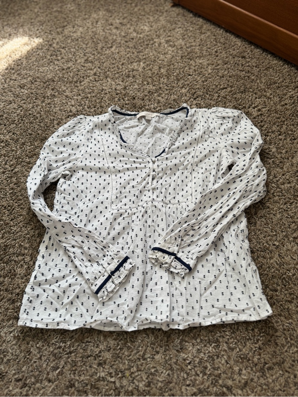 LOFT White Blouse with Navy Dot Trim